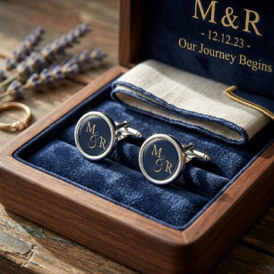 Elegant Navy Blue & Gold wedding monogram Cufflinks