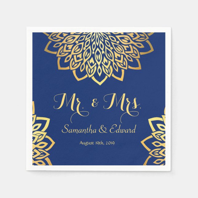 Elegant Navy Blue Gold Wedding Napkins (Front)