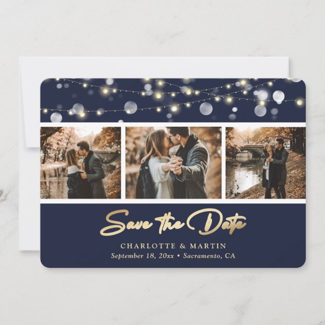 Elegant Navy Blue Gold Wedding Photo Save The Date (Front)
