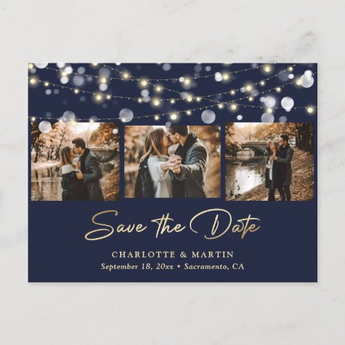 Elegant Navy Blue Gold Wedding Photo Save The Date Announcement Postcard