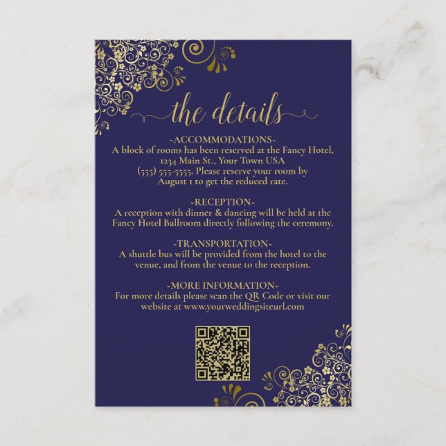 Elegant Navy Blue & Gold Wedding QR Code Details Enclosure Card (Front)