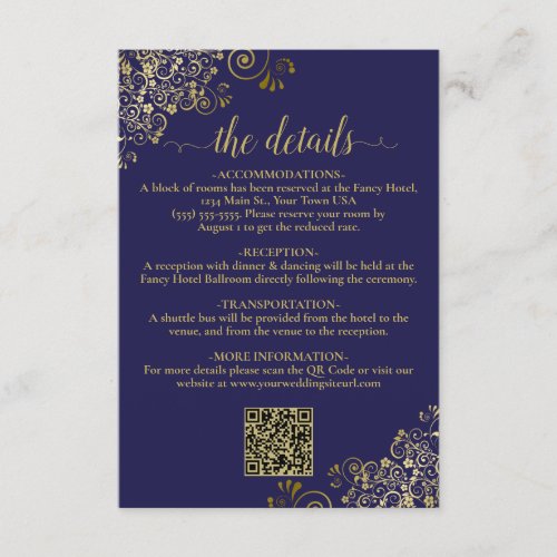 Elegant Navy Blue  Gold Wedding QR Code Details Enclosure Card