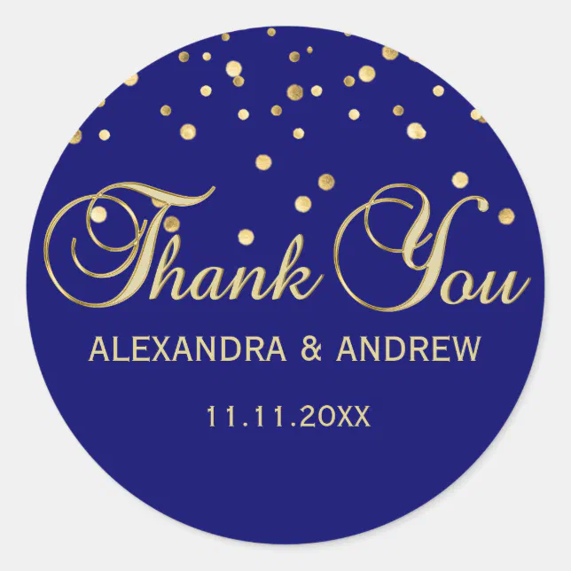 Elegant Navy Blue Gold Wedding Thank You Classic Round Sticker | Zazzle