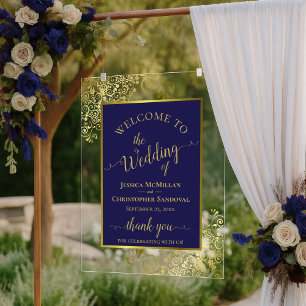 Elegant Navy Blue & Gold Wedding Welcome Acrylic Sign