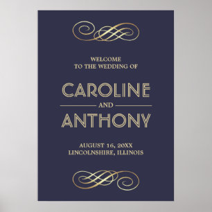 Elegant Navy Blue Gold Wedding Welcome Sign