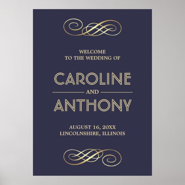 Elegant Navy Blue | Gold Wedding Welcome Sign (Front)