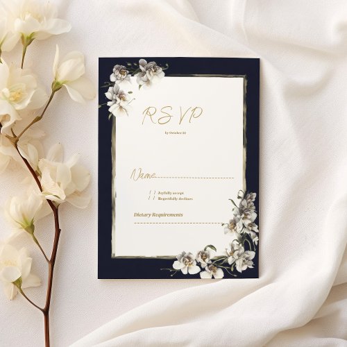 Elegant navy blue gold white orchid floral RSVP Invitation