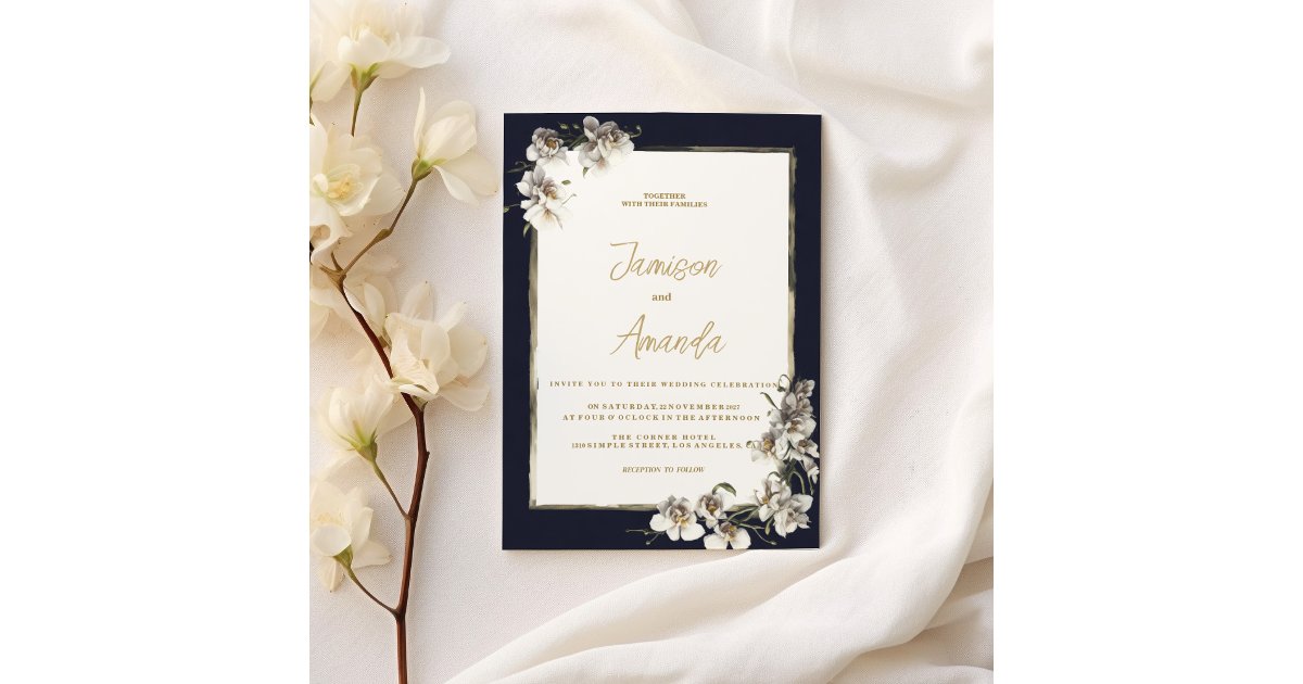 Elegant navy blue gold white orchid floral Wedding Invitation | Zazzle
