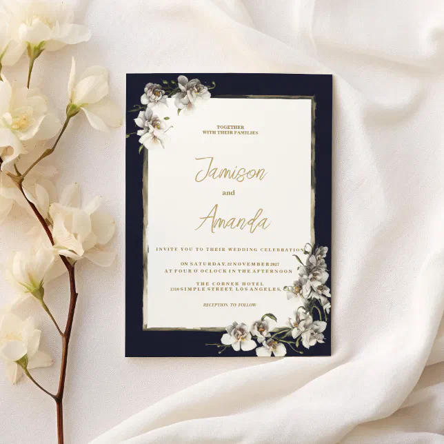 Elegant navy blue gold white orchid floral Wedding Invitation | Zazzle