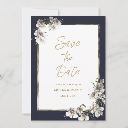 Elegant navy blue gold white orchid Save The Date Invitation