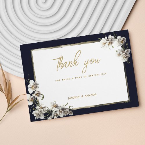 Elegant navy blue gold white orchid Thank You Invitation