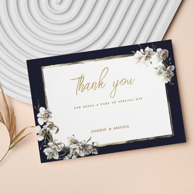 Elegant navy blue gold white orchid Thank You Invitation (Elegant navy blue gold white orchid Thank You )