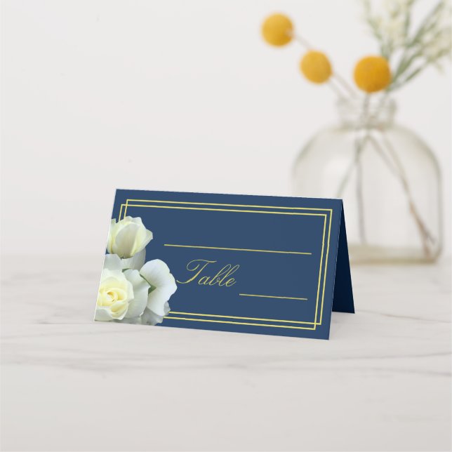 Elegant Navy Blue Gold White Rose Double Frame Place Card (Front)