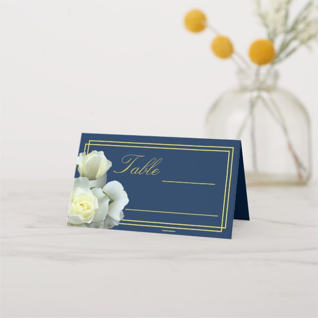 Elegant Navy Blue Gold White Rose Double Frame Place Card (Front)