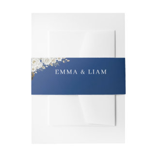 Elegant Navy Blue Gold White Rose Invitation Belly Band