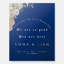 Elegant Navy Blue Gold White Rose Script Wedding 