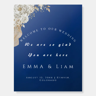 Elegant Navy Blue Gold White Rose Script Wedding  Foam Board