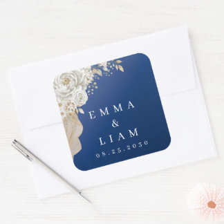 Elegant Navy Blue Gold White Rose Square Envelope  Sticker