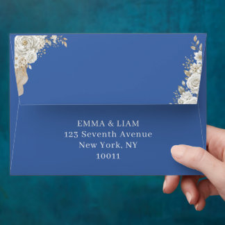Elegant Navy Blue Gold White Rose Wedding Envelope