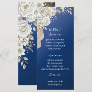 Elegant Navy Blue Gold White Rose Wedding Menu