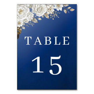 Elegant Navy Blue Gold White Rose Wedding Table  Number