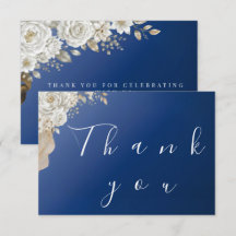 Elegant Navy Blue Gold White Rose Wedding Thank 