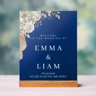 Elegant Navy Blue Gold White Rose Wedding Welcome  Acrylic Sign