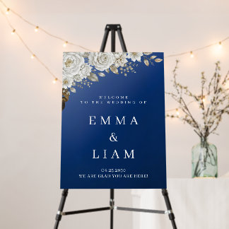 Elegant Navy Blue Gold White Rose Wedding Welcome  Foam Board