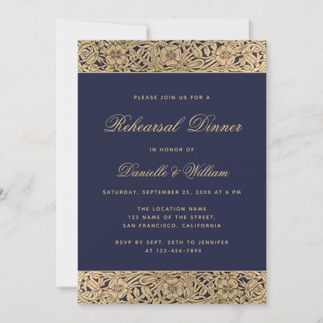 Elegant Navy Blue Gold Wild Roses Rehearsal Dinner Invitation (Front)