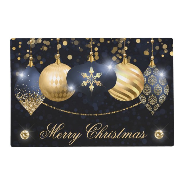 Elegant Navy Blue & Gold Winter Baubles Christmas Placemat (Front)