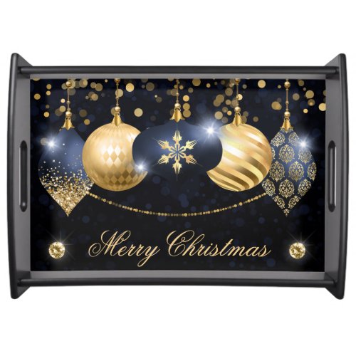 Elegant Navy Blue  Gold Winter Baubles Christmas Serving Tray