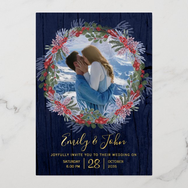 Elegant Navy Blue & Gold Winter Floral Wedding  Foil Invitation (Front)