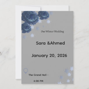 Elegant Navy Blue & Gold Winter Floral Wedding Inv Invitation