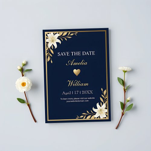 Elegant Navy Blue  Gold with White Floral Save The Date