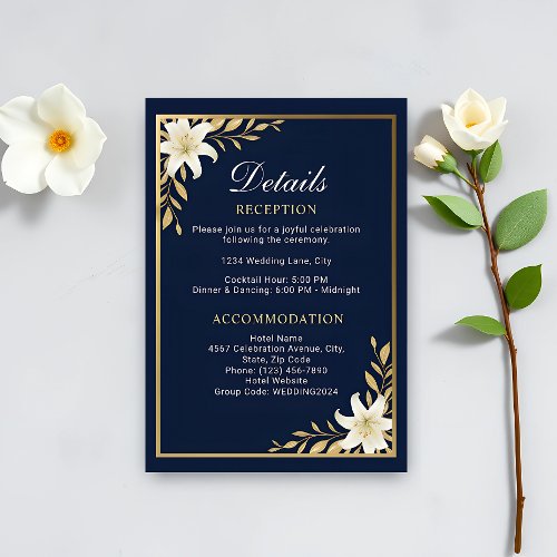 Elegant Navy Blue  Gold with White Floral Wedding Enclosure Card