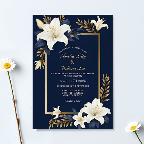 Elegant Navy Blue  Gold with White Floral Wedding Invitation