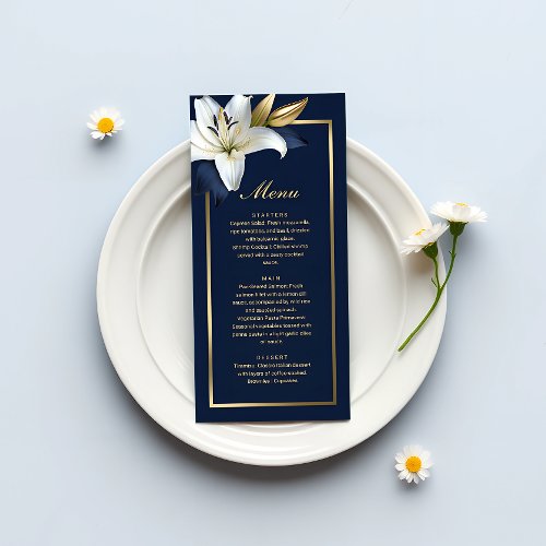 Elegant Navy Blue  Gold with White Floral Wedding Menu