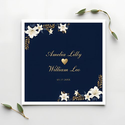 Elegant Navy Blue  Gold with White Floral Wedding Napkins