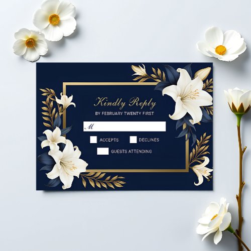 Elegant Navy Blue  Gold with White Floral Wedding RSVP Card