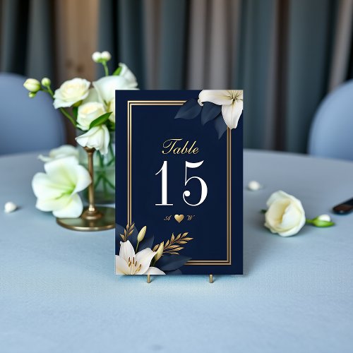 Elegant Navy Blue  Gold with White Floral Wedding Table Number