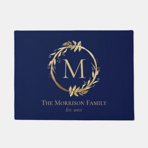 Elegant Navy Blue Gold Wreath Family Name Monogram Doormat