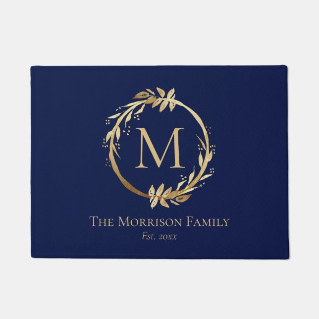 Elegant Navy Blue Gold Wreath Family Name Monogram Doormat (Front)