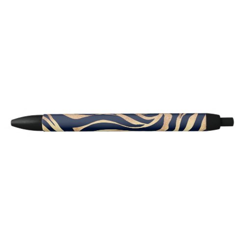 Elegant Navy Blue Gold Zebra Print Black Ink Pen