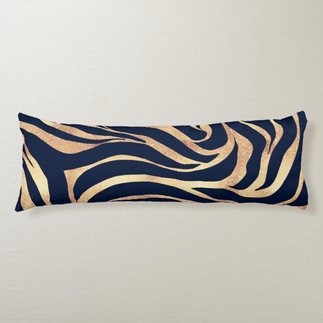 Elegant Navy Blue Gold Zebra Print Body Pillow (Front)