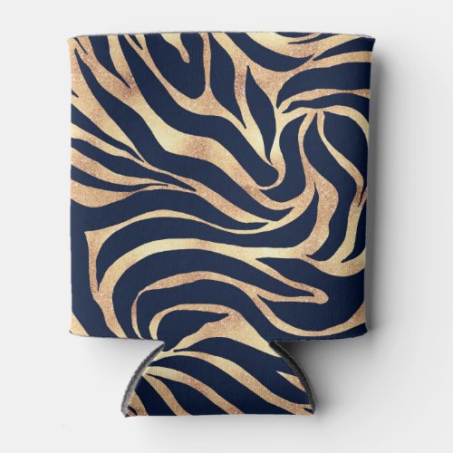 Elegant Navy Blue Gold Zebra Print Can Cooler