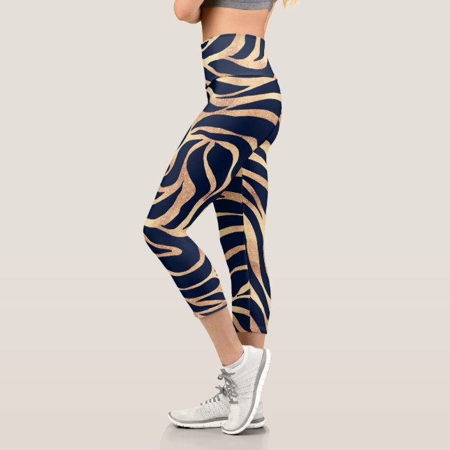 Elegant Navy Blue Gold Zebra Print Capri Leggings (Left)