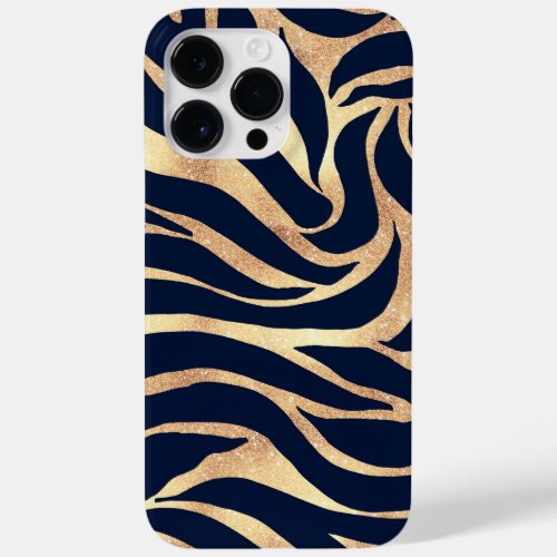 Elegant Navy Blue Gold Zebra Print Case_Mate iPhone 14 Pro Max Case