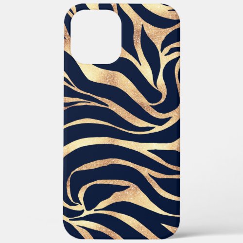 Elegant Navy Blue Gold Zebra Print iPhone 12 Pro Max Case