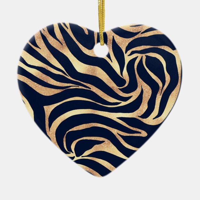 Elegant Navy Blue Gold Zebra Print Ceramic Ornament (Front)