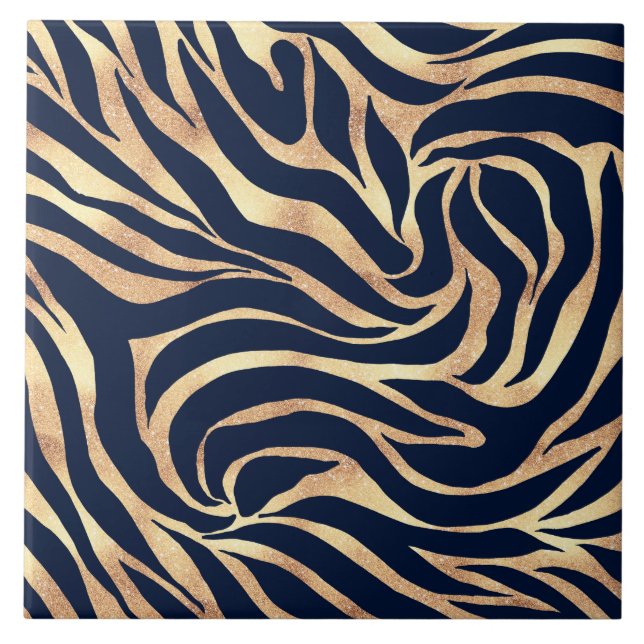 Elegant Navy Blue Gold Zebra Print Ceramic Tile (Front)